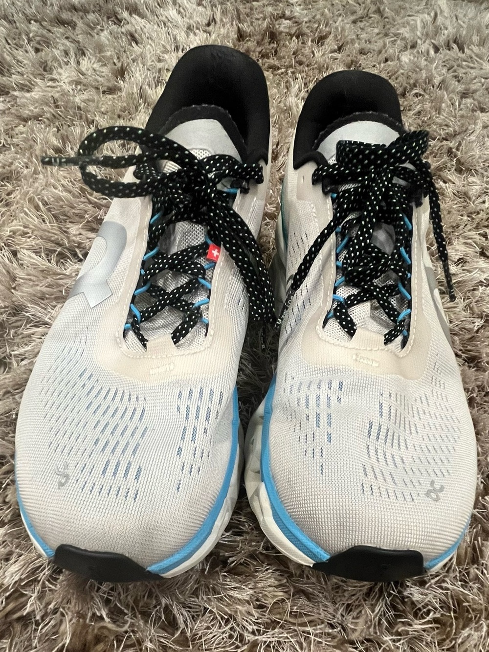 On Running Women's White and Light Blue Cloud Monster Sneakers with Black Laces